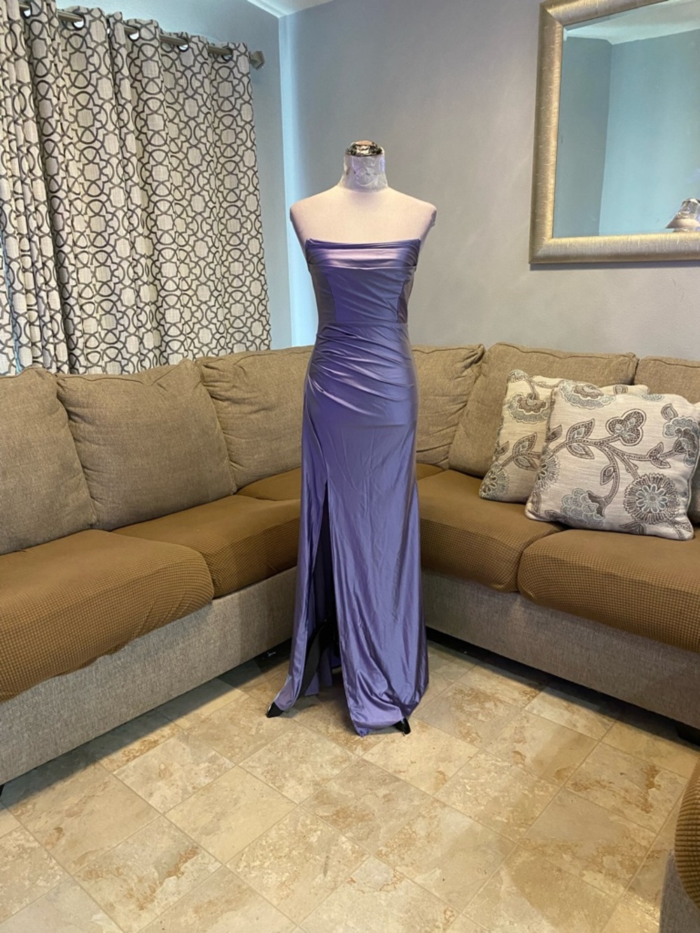New Women Small Sexy Strapless Soft Satin Tube w/Slit Ruched Cocktail Maxi Dress
